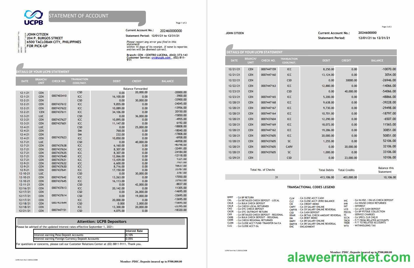 Philippines UCPB bank statement